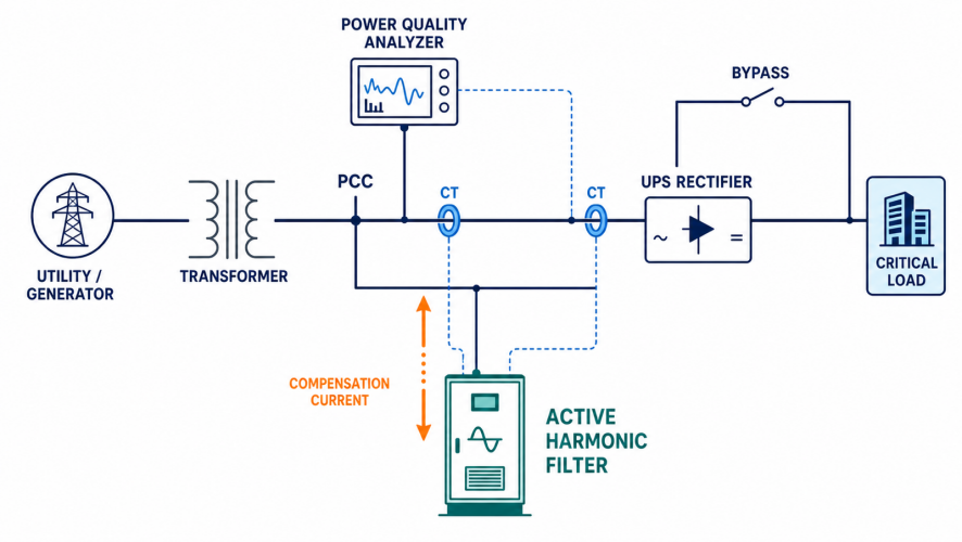 Active Harmonic Filter connection for UPS and rectifier harmonic mitigation