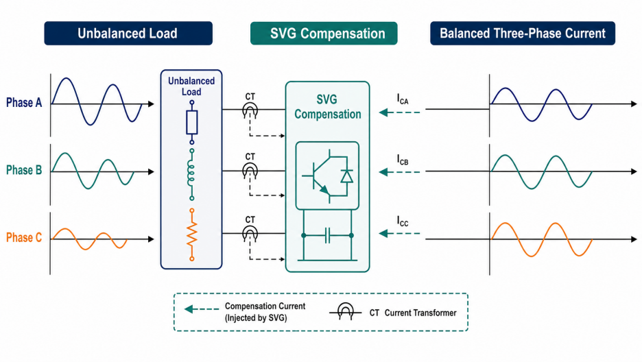 The SVG measures each phase and injects compensation current to balance the three-phase system