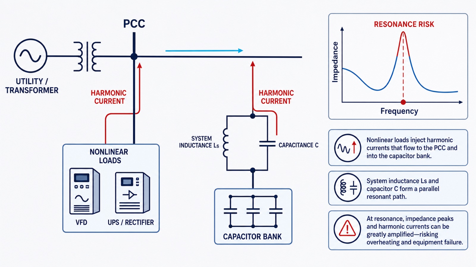 Harmonic current and parallel resonance paths around an industrial capacitor bank