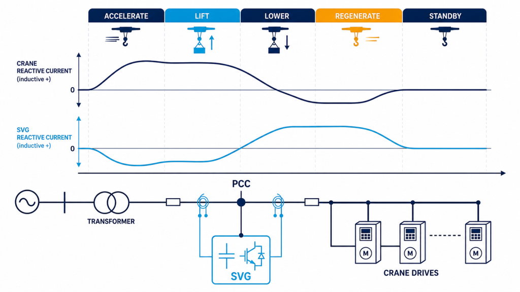 Static var generator for cranes reactive power control