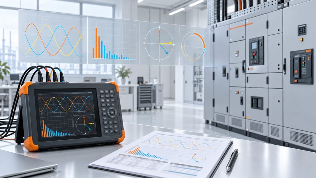 Power quality report dashboard showing THDi, THDv, power factor, kVAR and voltage unbalance