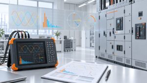 Power quality report dashboard showing THDi, THDv, power factor, kVAR and voltage unbalance