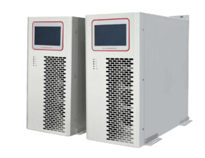 Two white power-quality converter cabinets with front display panels